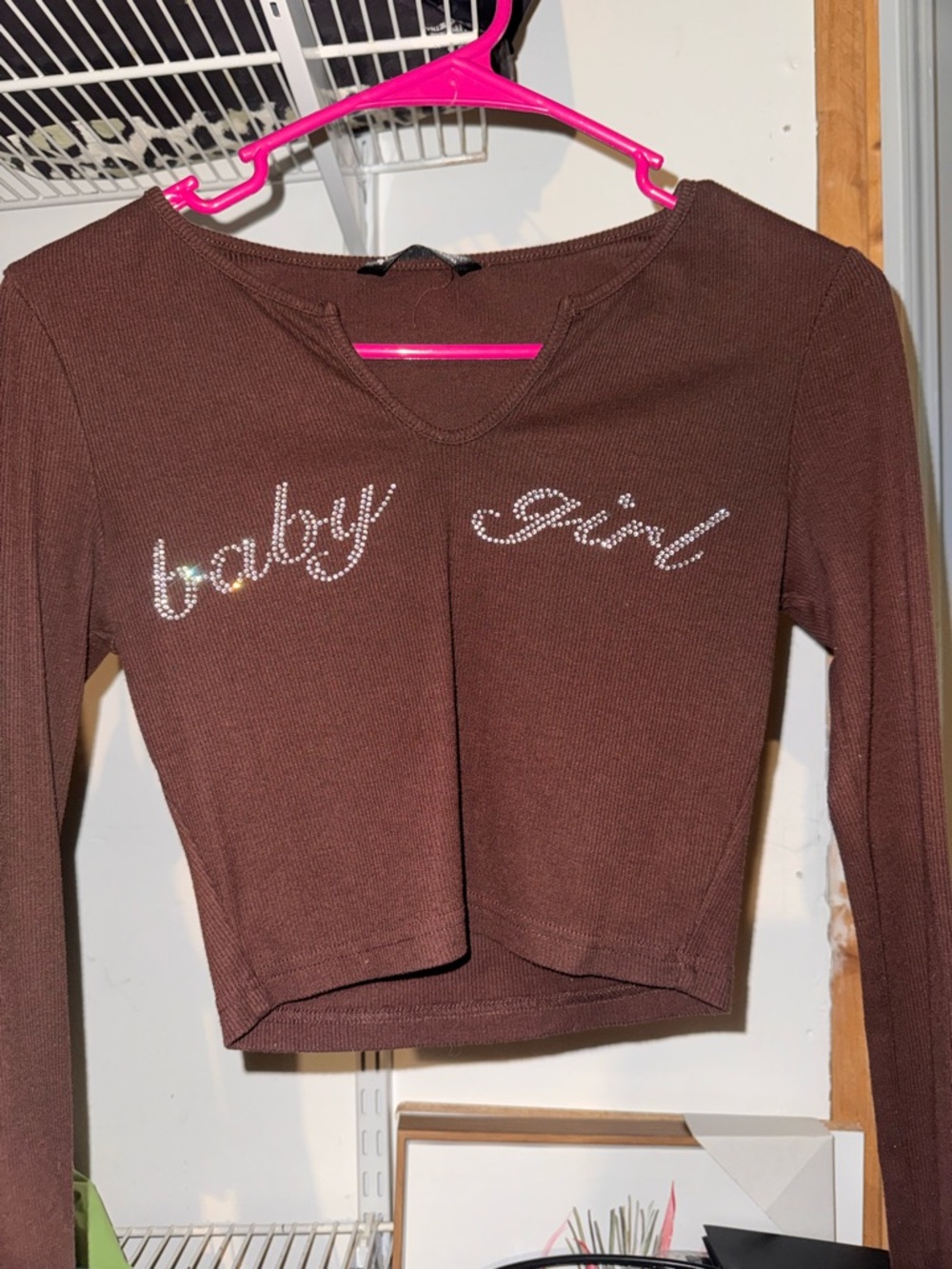 SHEIN Brown Rhinestone "baby girl" Long-Sleeve Crop Top